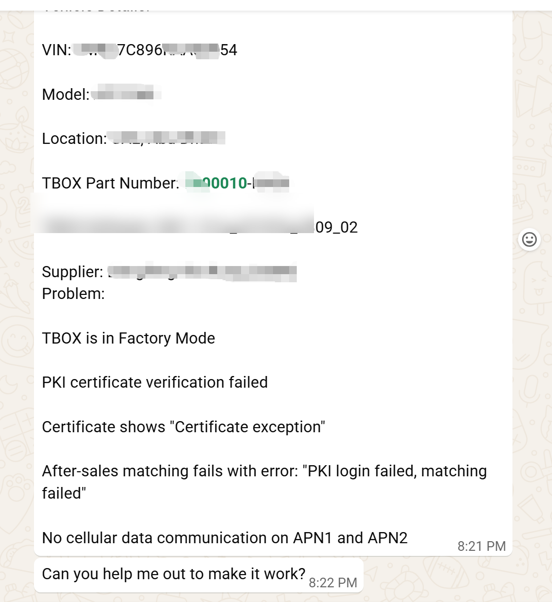 T-box diagnostic screenshot showing Factory Mode, PKI certificate verification failed, and Certificate exception errors — actual customer data shared with permission