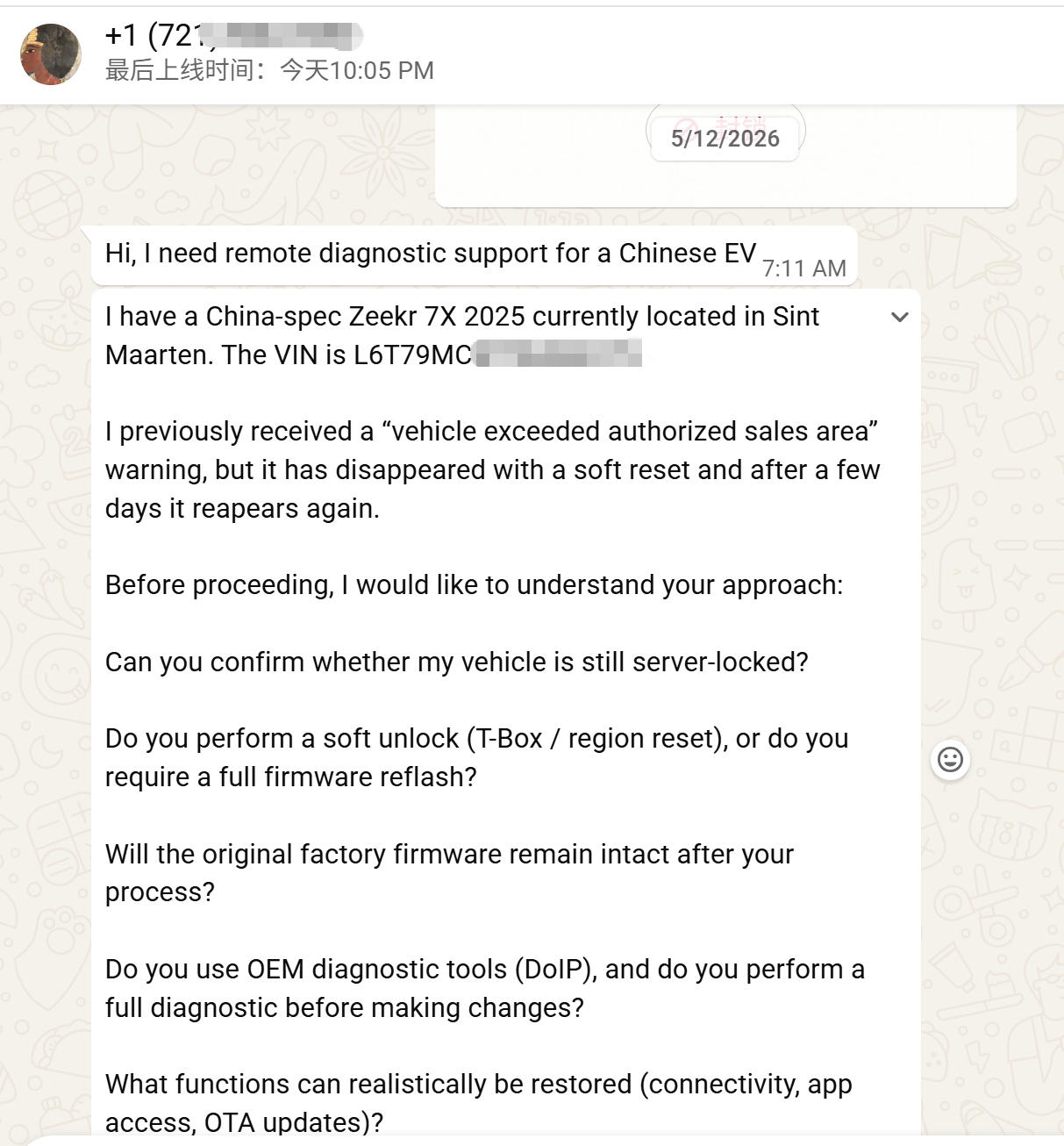 Original WhatsApp inquiry from Sint Maarten workshop — the client detailed the Zeekr 7X region lock symptoms, asked about soft unlock vs firmware reflash, and requested confirmation of OEM diagnostic tool compatibility